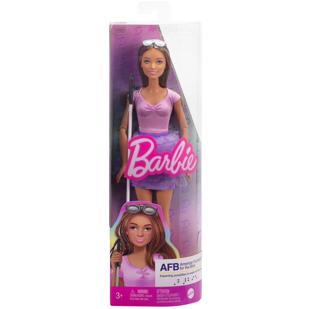 Barbie Fashionistas Doll #228, Blind Barbie Doll Wearing Pink Top And Ruffled Skirt With Cane And Sunglasses in Partnership With The American Foundation For The Blind