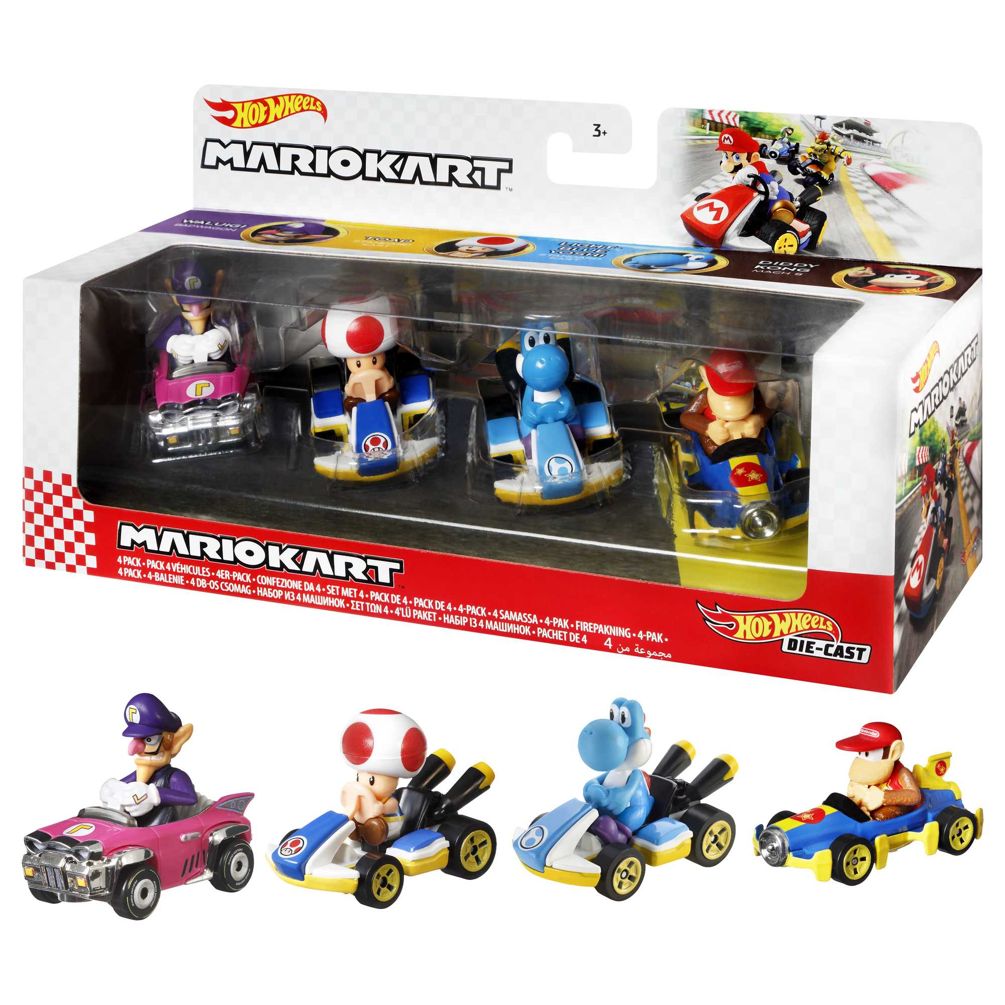 Hot Wheels Mario Kart Vehículo de Juguete Paquete de 4 con Diddy Kong, Waluigi, Toad y Yoshi azul