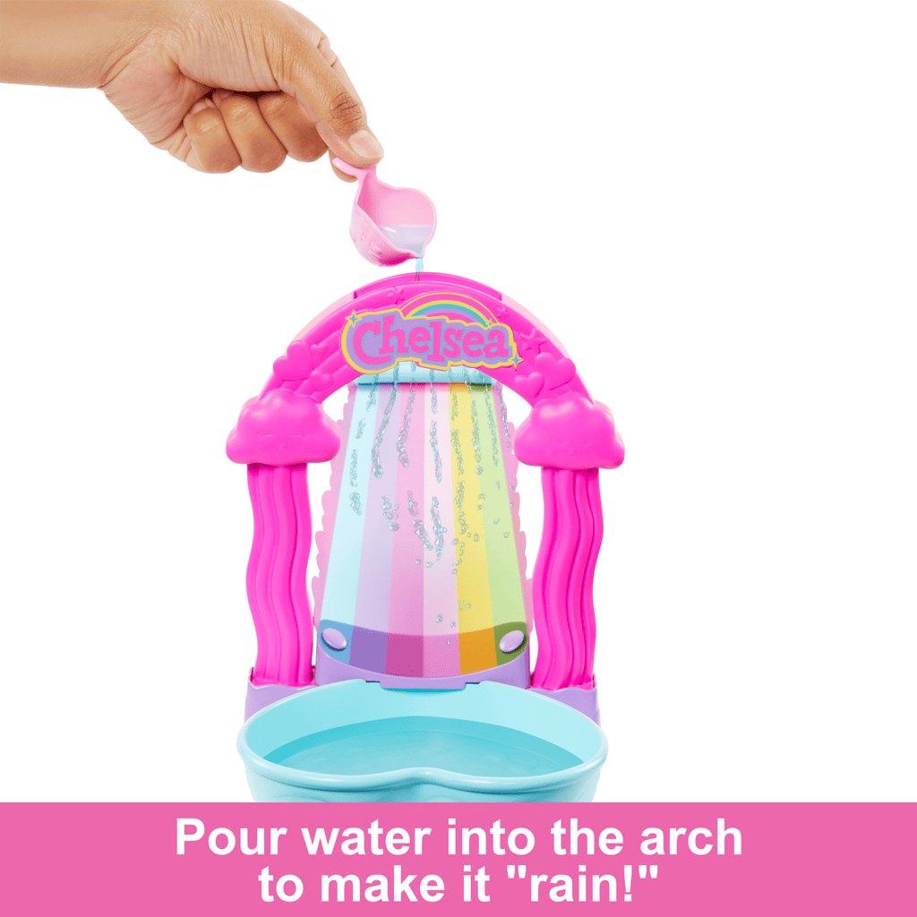 Barbie Chelsea Rainbow “Raining” Water Slide Toy Playset With Doll, Pup, & Accessories