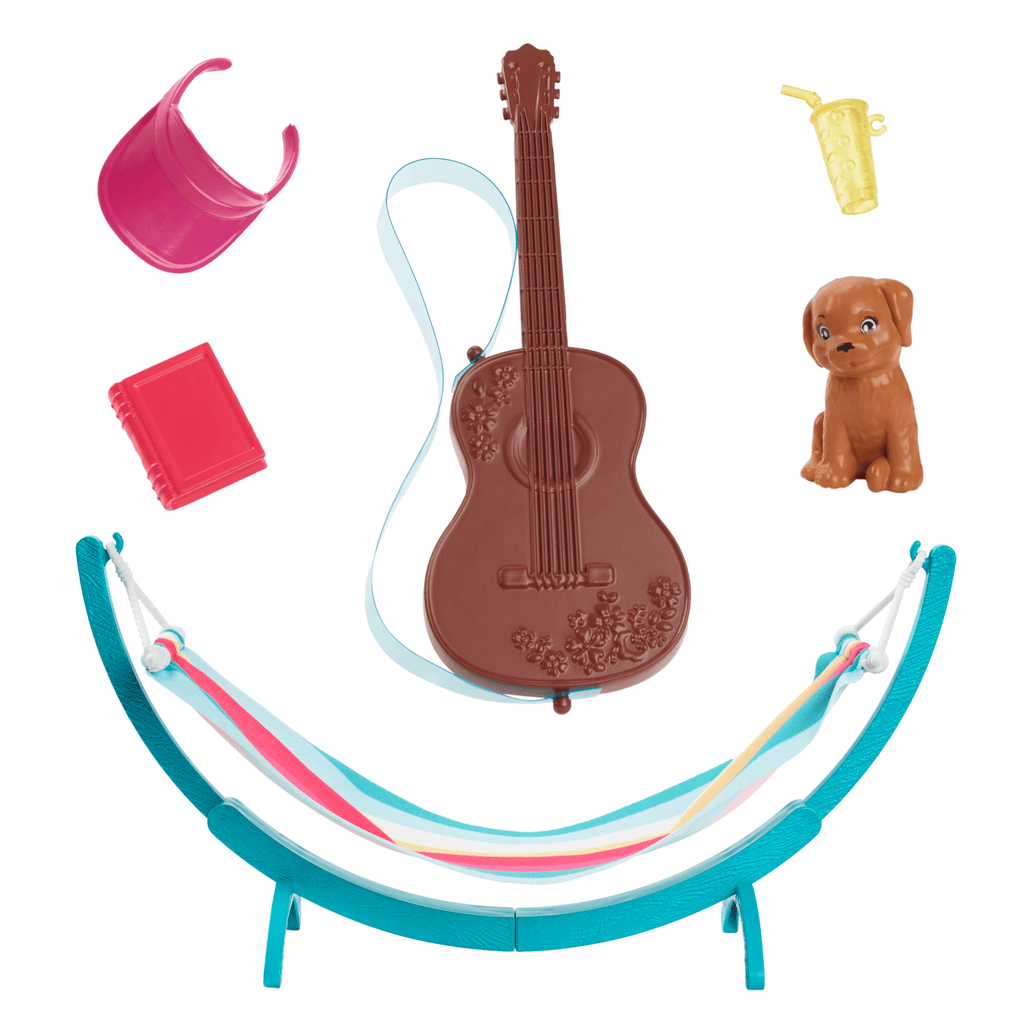 Barbie World Hammock Set With 7 Camping Accessories Including Swinging Hammock With Guitar & Puppy