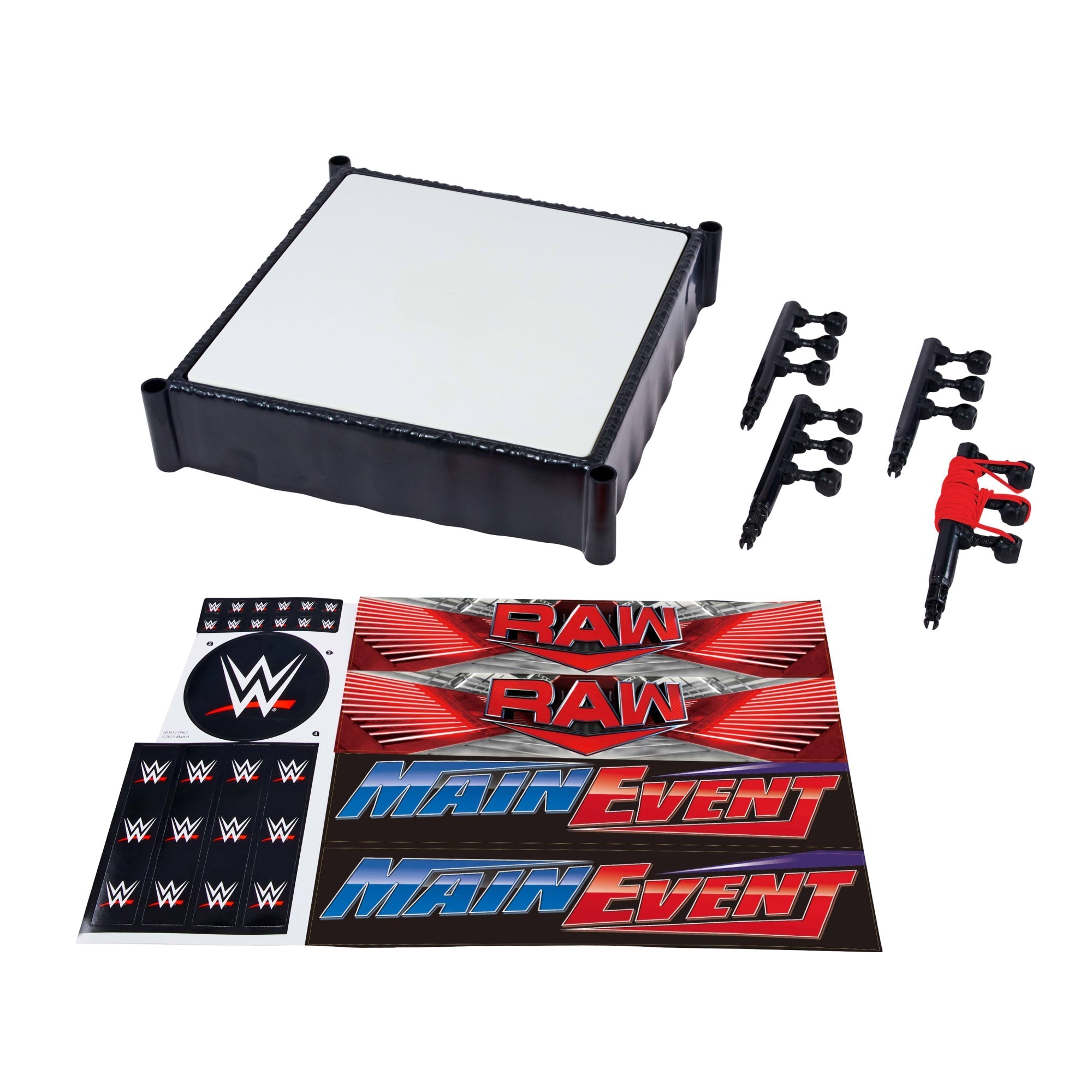 WWE Superstar Ring With Labels For Main EVent & Raw, Spring-Loaded With Elastic Ring Ropes