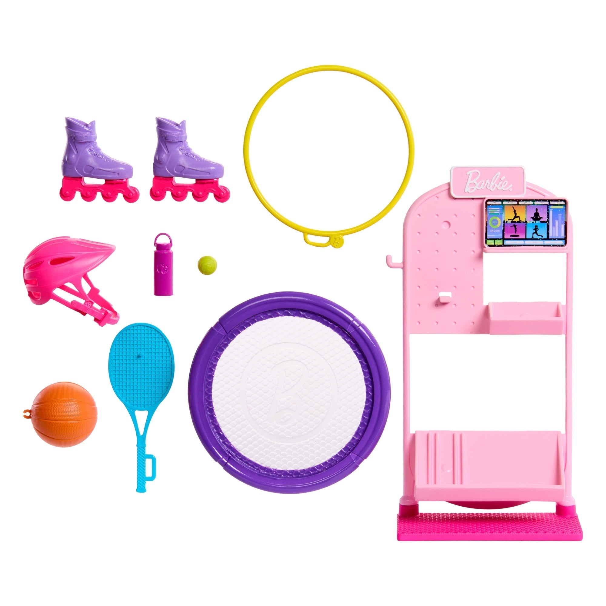 Barbie World Sport Rack Toy Playset With 9 Doll Accessories Including Trampoline, Tennis Racket, & Skates